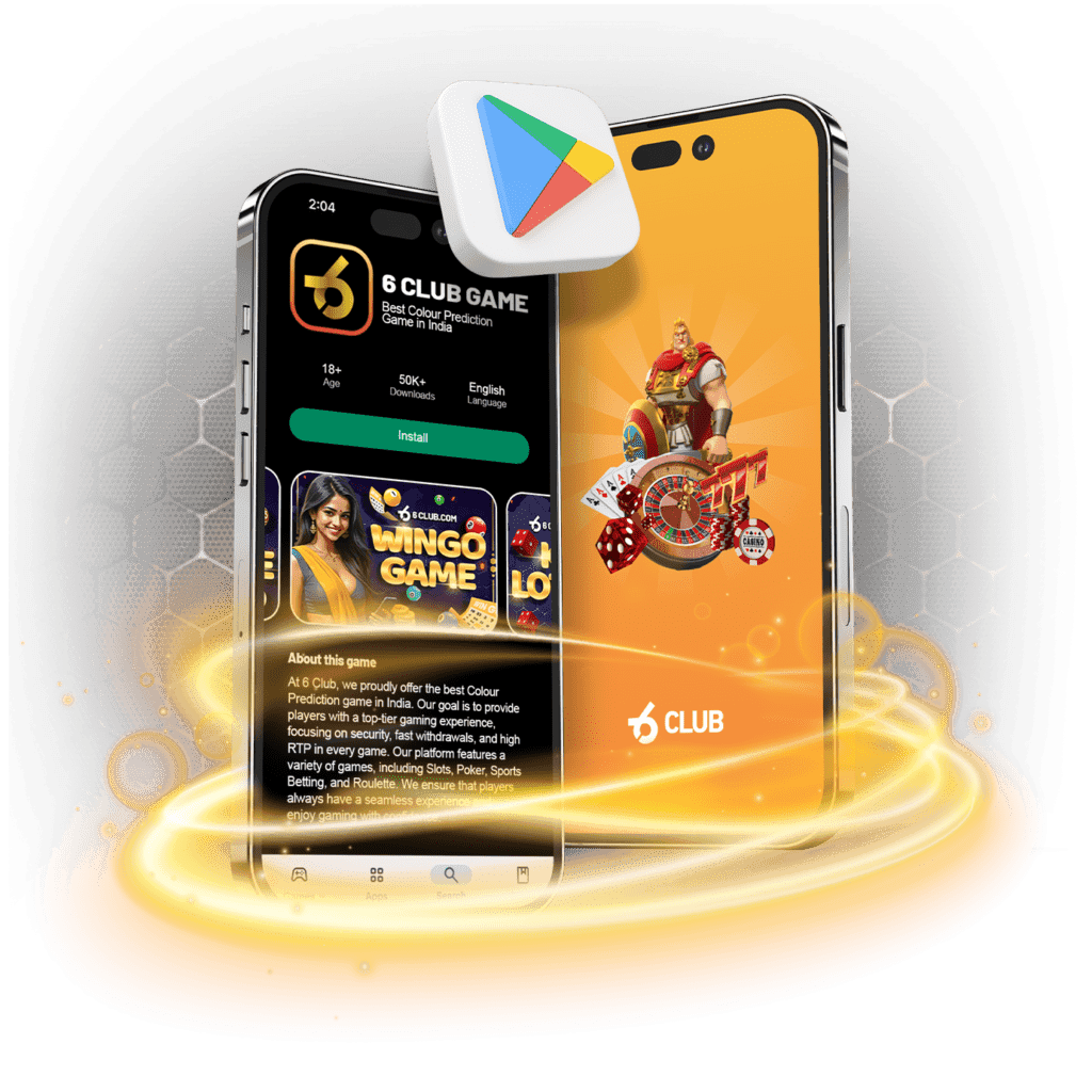 6Club mobile app on two smartphones with Google Play Store icon.