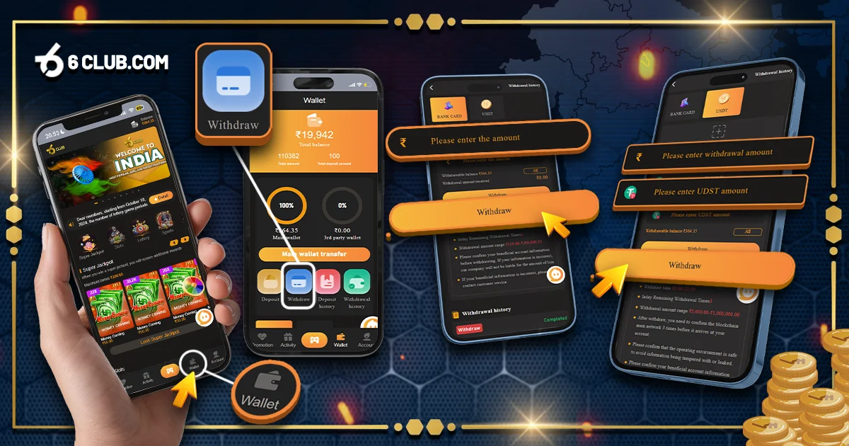 6Club mobile app interface showing withdrawal options, wallet management, and transaction history.