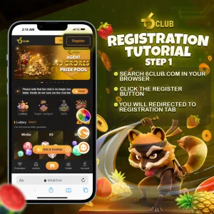 6 Club registration tutorial, step 1, showing the homepage on a smartphone with instructions and a playful raccoon mascot in a vibrant background.